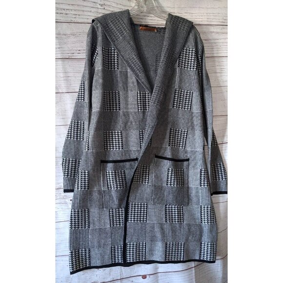 Belldini Women Houngstooth Cardigan Coat Open Front Above Knee Hooded Knit SizeL - Picture 4 of 14